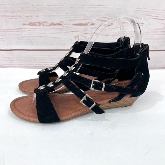 Minnetonka Strappy Leather Suede Studded Chevron Tropez Wedge Sandals - Picture 4 of 10